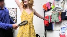 Nerdy blonde busted with stolen items so she gets fucked