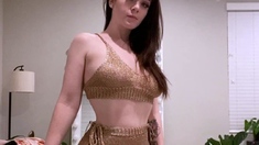 Busty curly brunette with big boobs fucks on couch