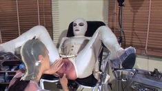 Fetish lesbians toy their asses with plugs