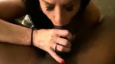 Shaved pussy MILF blowjob and fucking POV