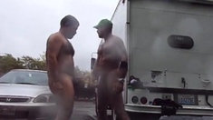 Guys Very Public Rainy Stroking in parking lot